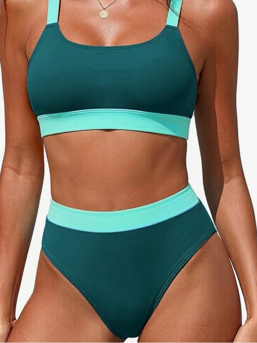 High-Waist Two-Tone Teal & Mint Women’s Swim Bikini - Size L
